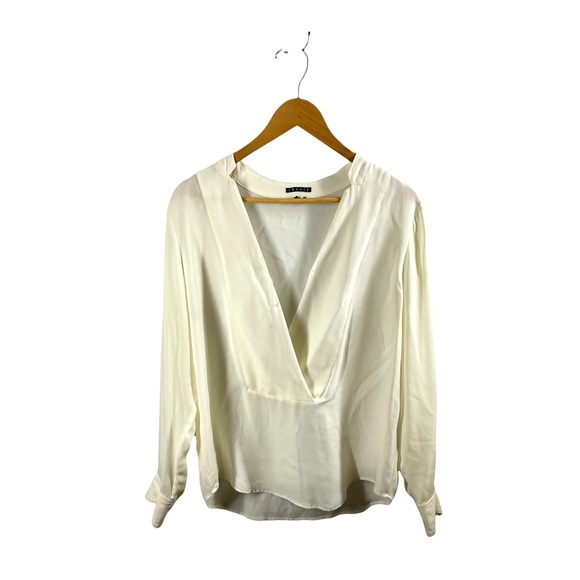 Theory Cream Colored Silk Deep V Long Sleeved Blouse